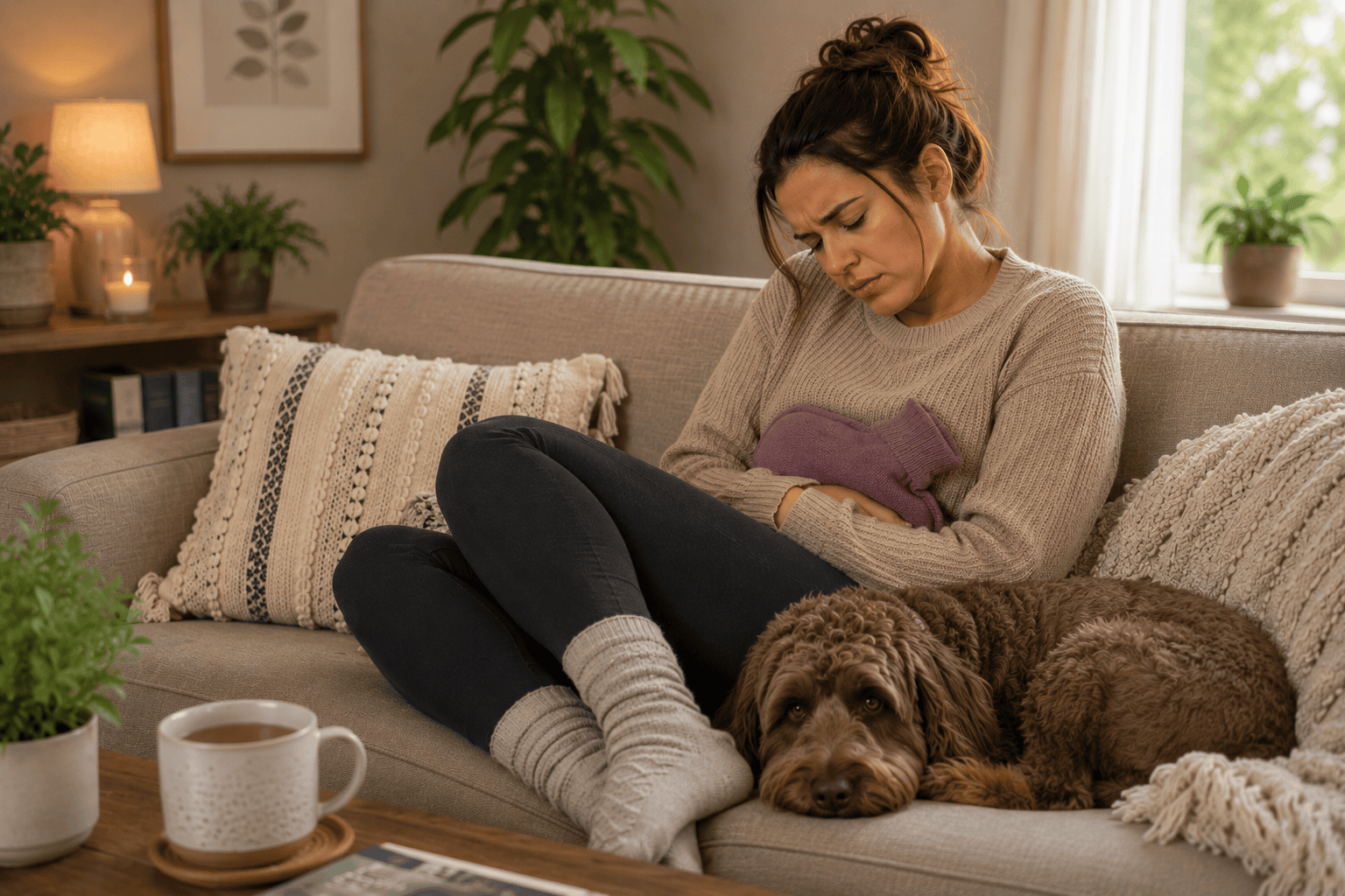 Woman curled up on a couch with a heating pad pressed to her lower abdomen, quietly managing the everyday discomfort of menstrual cramps.