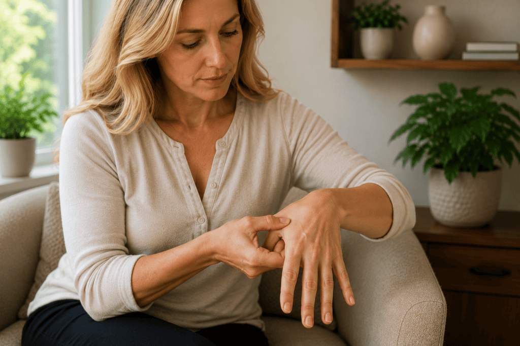 Person sitting comfortably at home gently pressing the thumb of one hand against a point on the opposite forearm, in a self-application posture with a calm focused expression.
