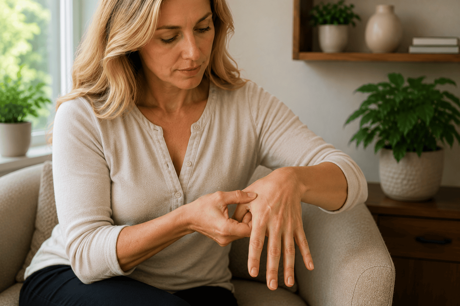 Person sitting comfortably at home gently pressing the thumb of one hand against a point on the opposite forearm, in a self-application posture with a calm focused expression.
