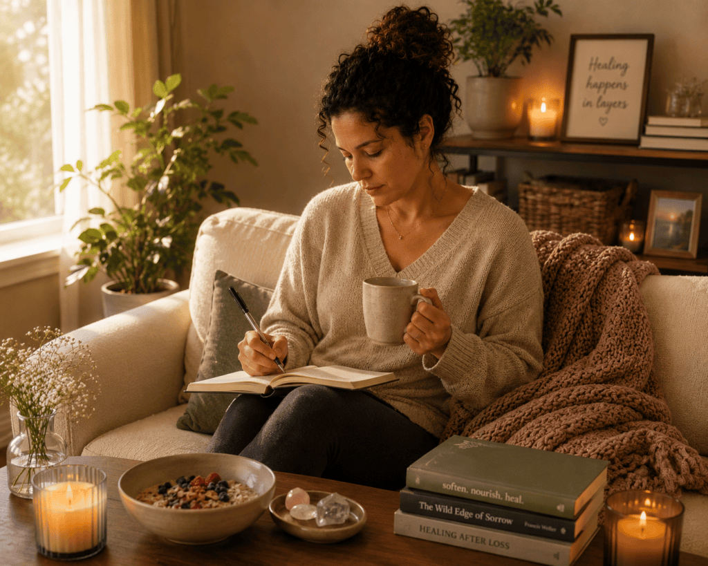 Woman engaged in daily practices supporting recovery after pregnancy loss including gentle self-care and quiet reflection.
