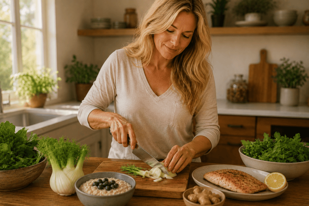 Woman in a home kitchen chopping vegetables and plating a meal with reflux-friendly foods including leafy greens, oatmeal, and lean protein.