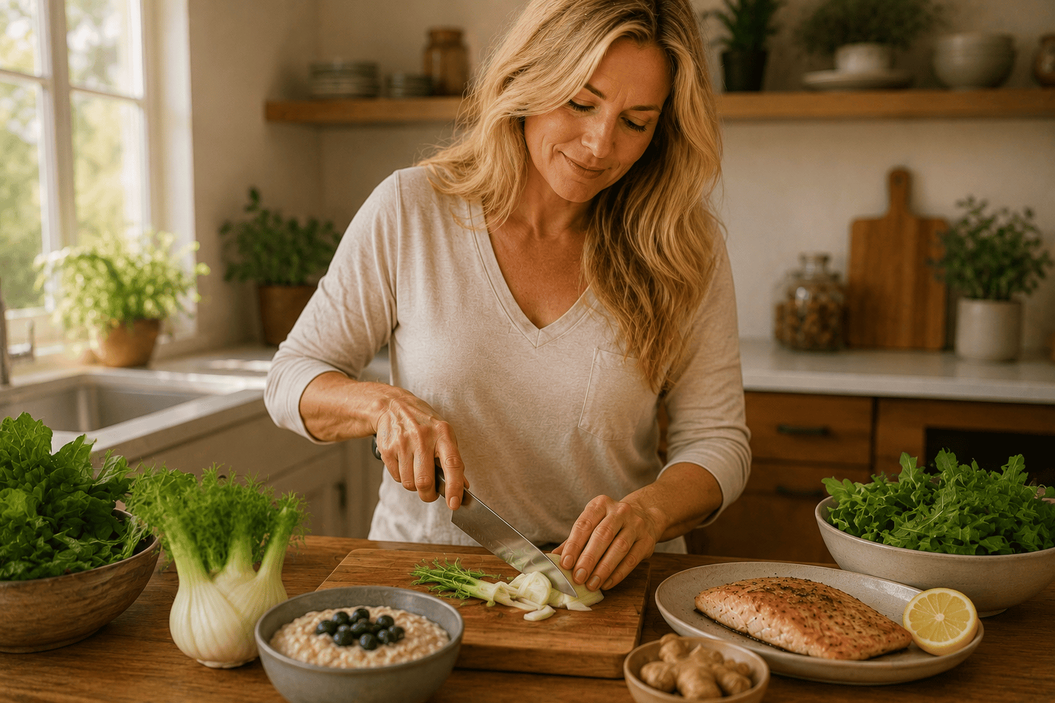 Woman in a home kitchen chopping vegetables and plating a meal with reflux-friendly foods including leafy greens, oatmeal, and lean protein.