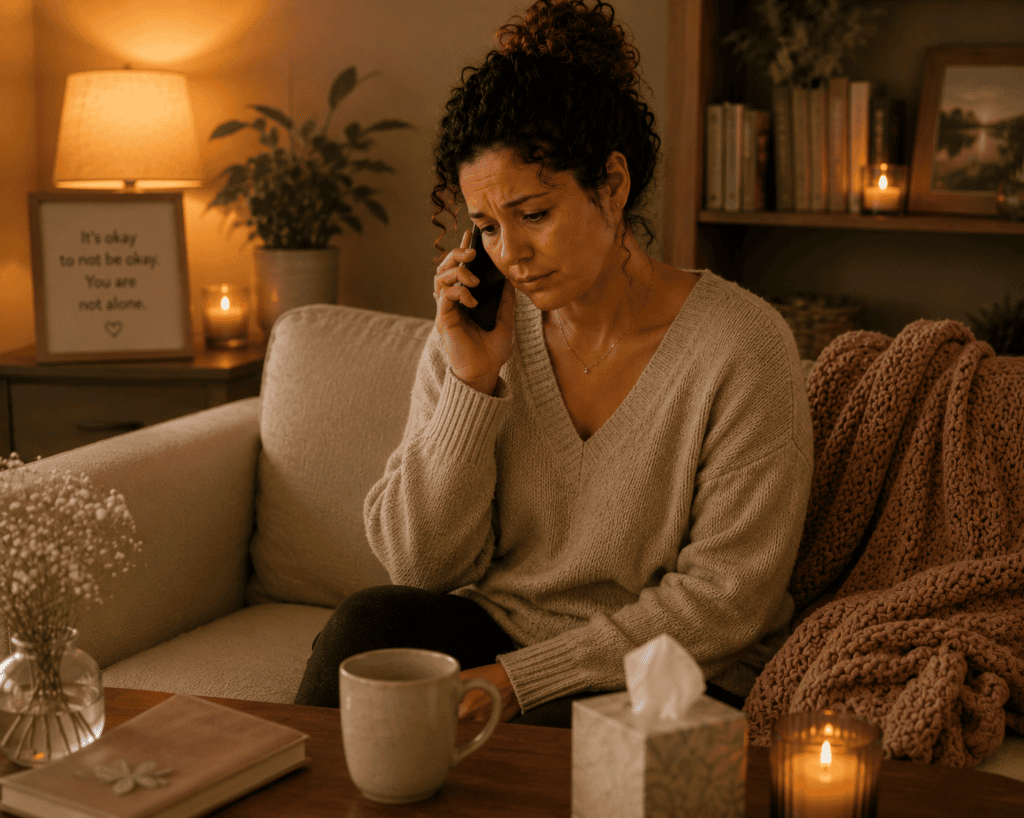 Woman on the phone reaching out to a mental health professional or support resource, illustrating the importance of additional help when needed after pregnancy loss.
