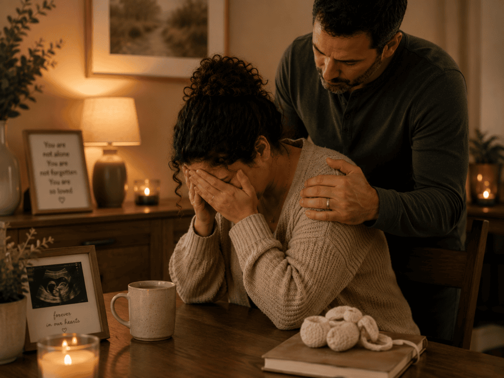 A grieving woman sits at her dining table with her head in her hands while her husband stands behind her with a comforting hand on her shoulder following a miscarriage or stillbirth.