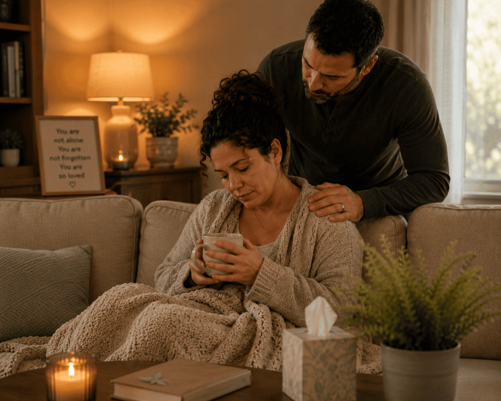 A woman wrapped in a blanket rests on a couch holding a warm mug while her husband gently comforts her during physical recovery after miscarriage or stillbirth.