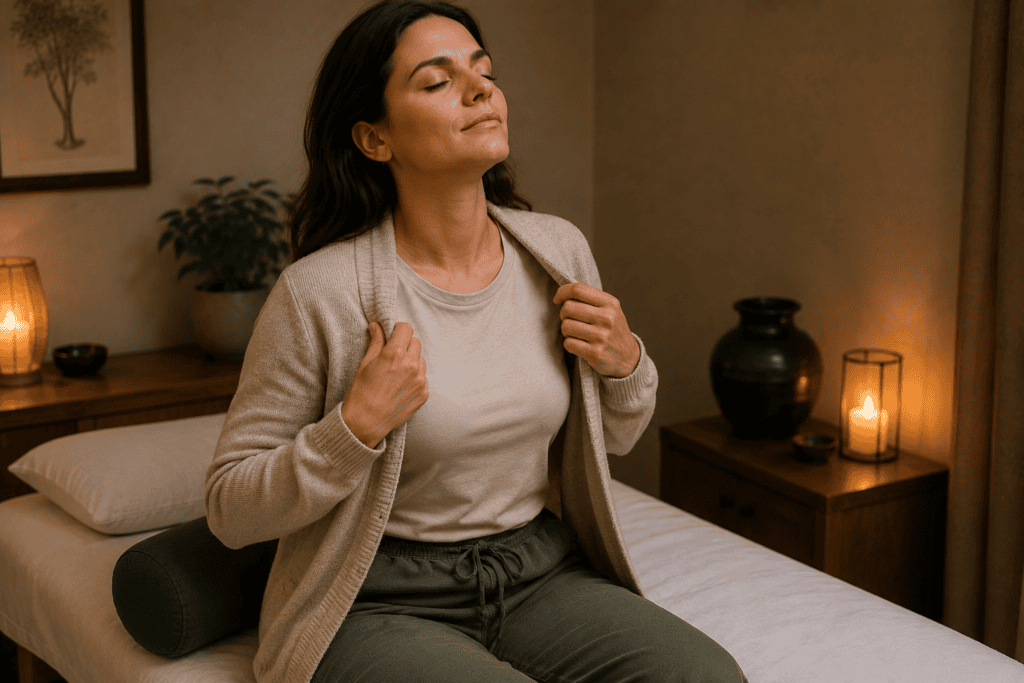 Woman sitting up on the edge of a treatment table after an acupuncture session, calm and dreamy, adjusting her clothing before standing.