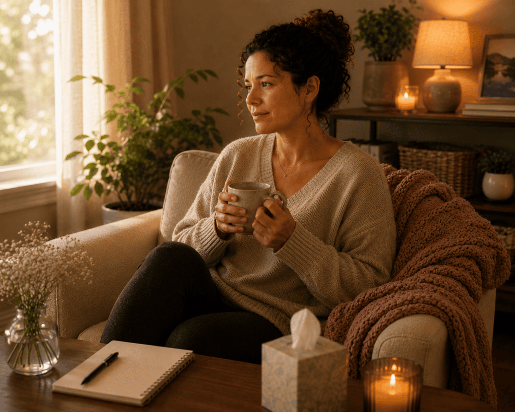 Woman in a moment of quiet peace in a warm home setting, communicating the gradual healing that comes with sustained support after pregnancy loss.
