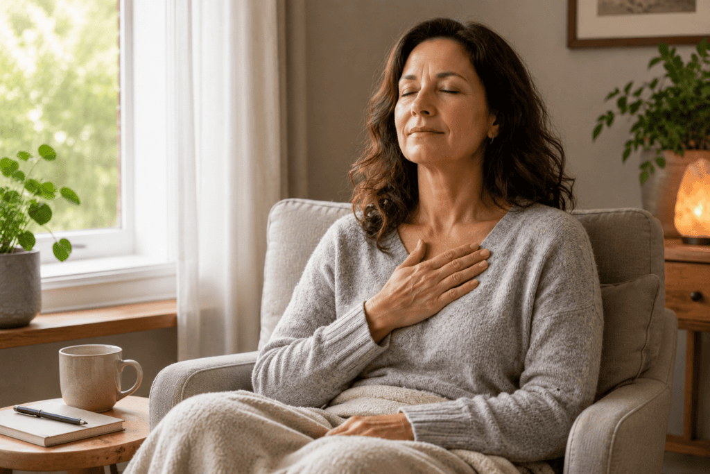 Woman sitting quietly with her eyes closed and one hand resting gently on her chest in a moment of nervous system regulation and self-attunement.