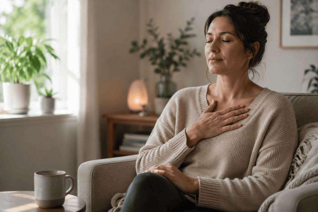 Woman sitting quietly with her eyes closed and one hand resting on her chest, in a moment of self-attunement that reduces the stress interference with fertility.