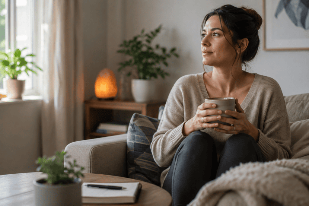 Woman sitting quietly at home holding a cup of tea, expression communicating the emotional interior of the fertility journey with hope and quiet determination.