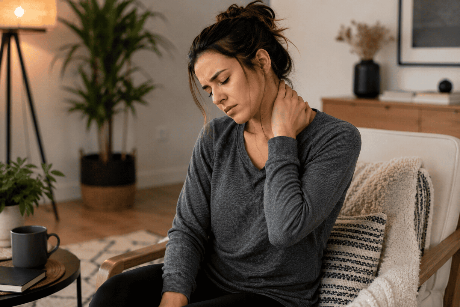 Woman sitting at home with one hand pressed to the side of the neck, quietly managing the discomfort of chronic neck pain.