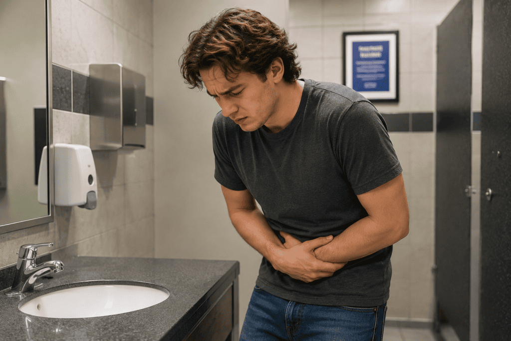 Young man in his 20s leaning over a public restroom sink while holding his lower abdomen during a painful Crohn’s disease flare.