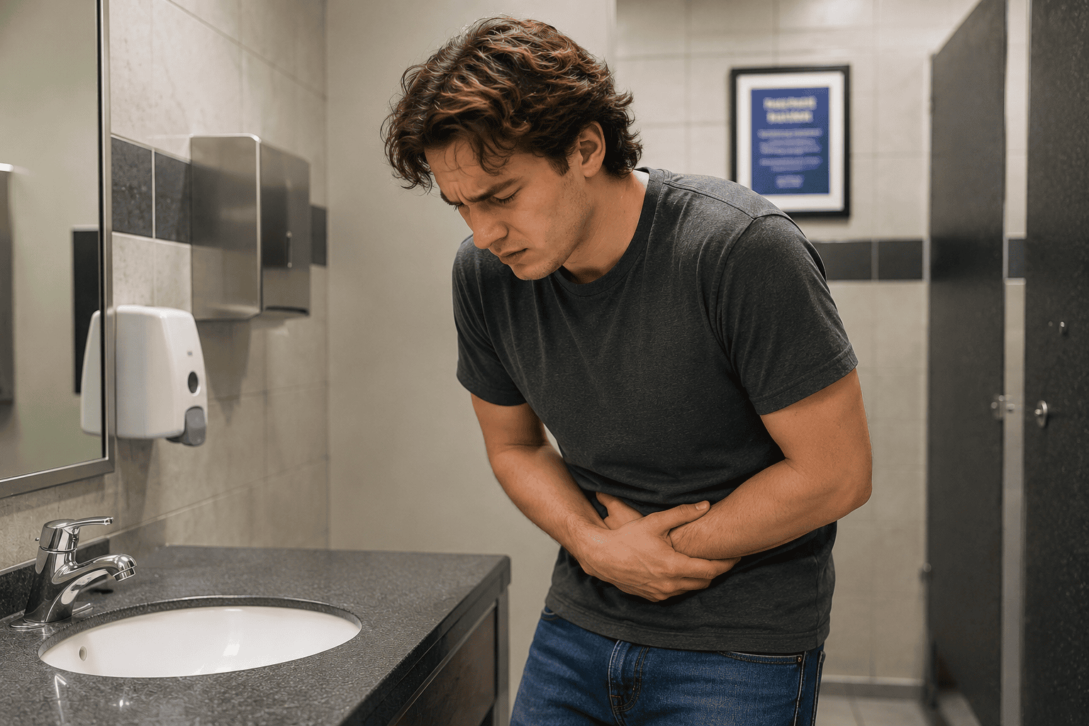 Young man in his 20s leaning over a public restroom sink while holding his lower abdomen during a painful Crohn’s disease flare.
