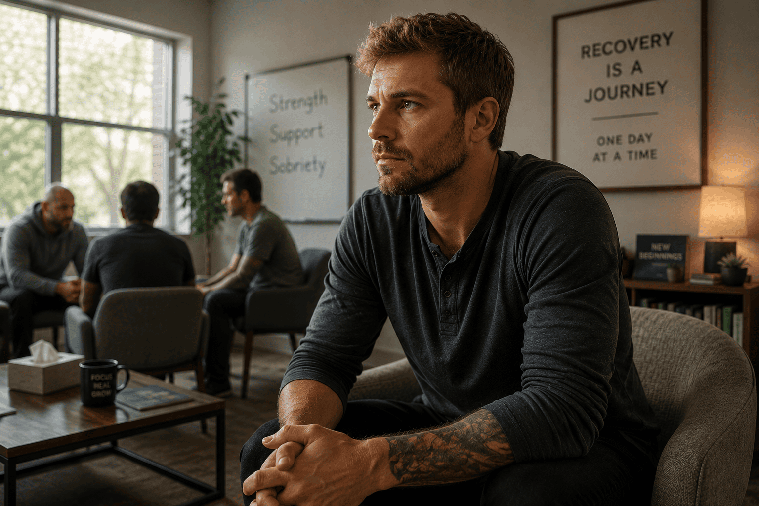 Young man with dirty blond hair and a forearm tattoo sitting quietly in an addiction treatment center, reflecting on his recovery journey.