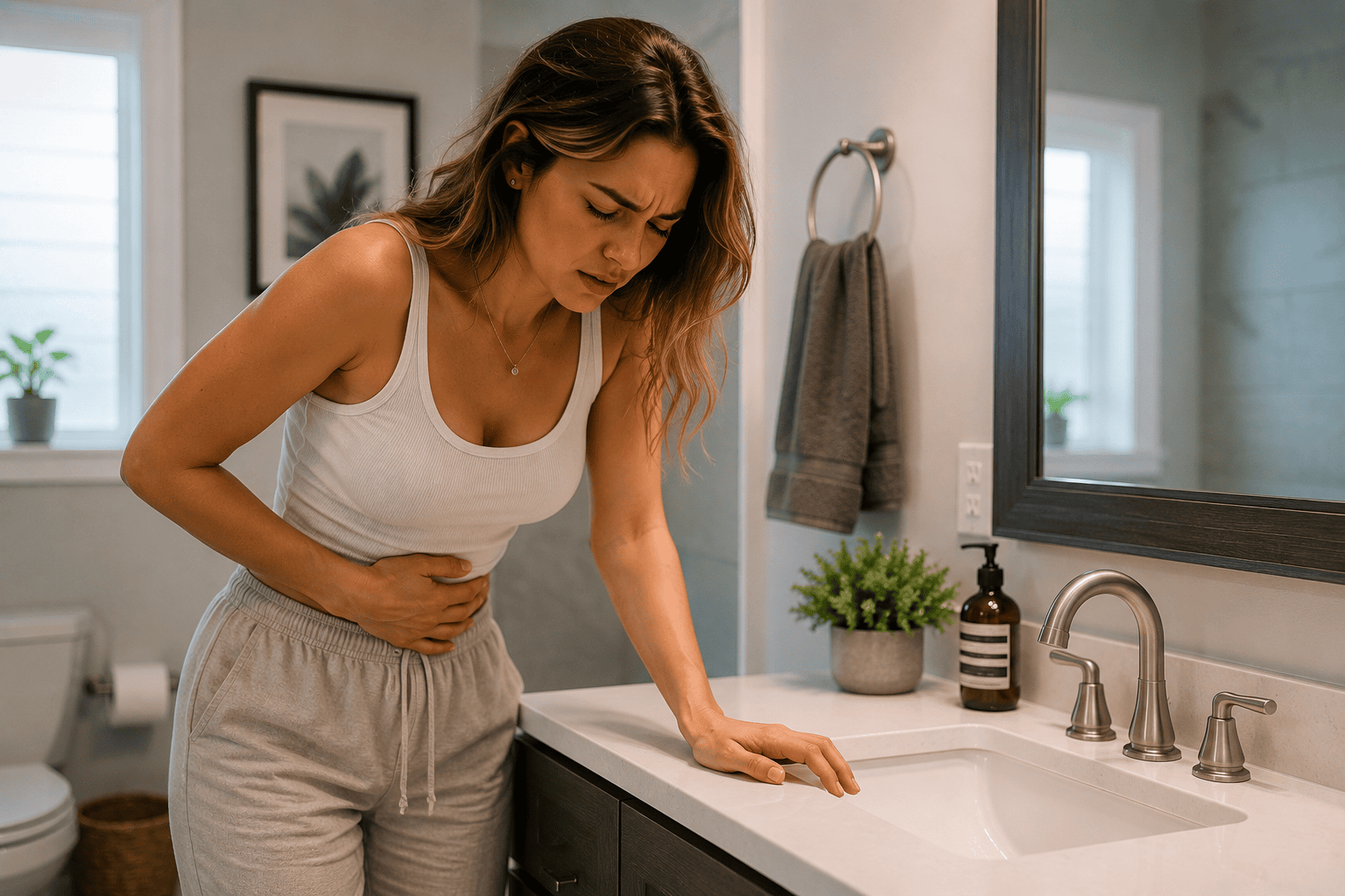 Young woman standing in a bathroom, leaning over the sink with one hand on her abdomen as she experiences abdominal pain from irritable bowel syndrome (IBS).
