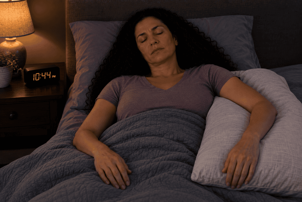 Person sleeping on their back with a pillow supporting the sore arm to ease nighttime frozen shoulder pain.