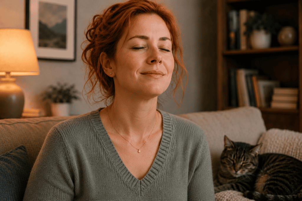 Person looking relieved and comfortable, breathing easily after their sinus headache has eased.