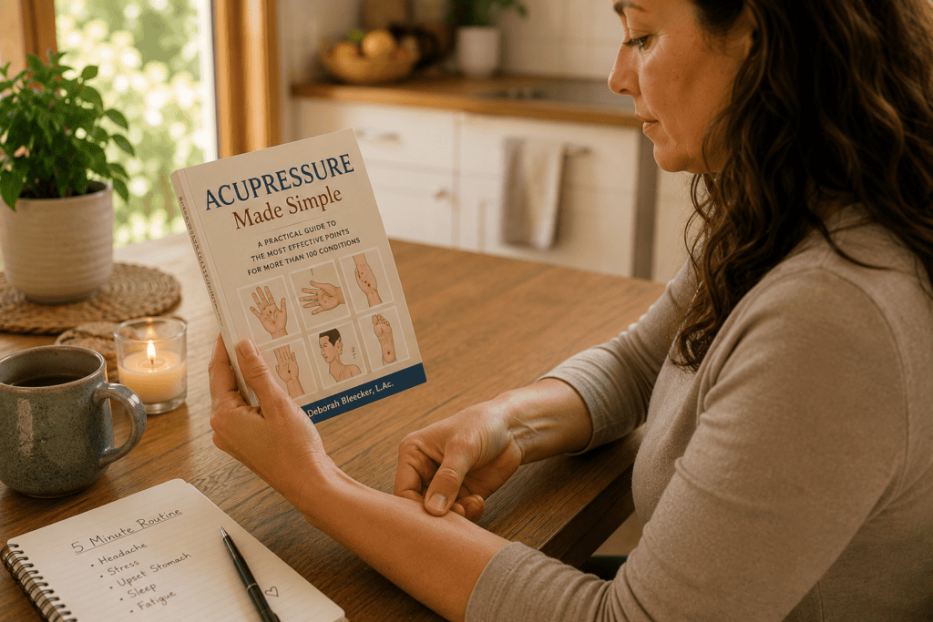 Person quickly locating an acupressure point using a concise practical guide at a kitchen table.