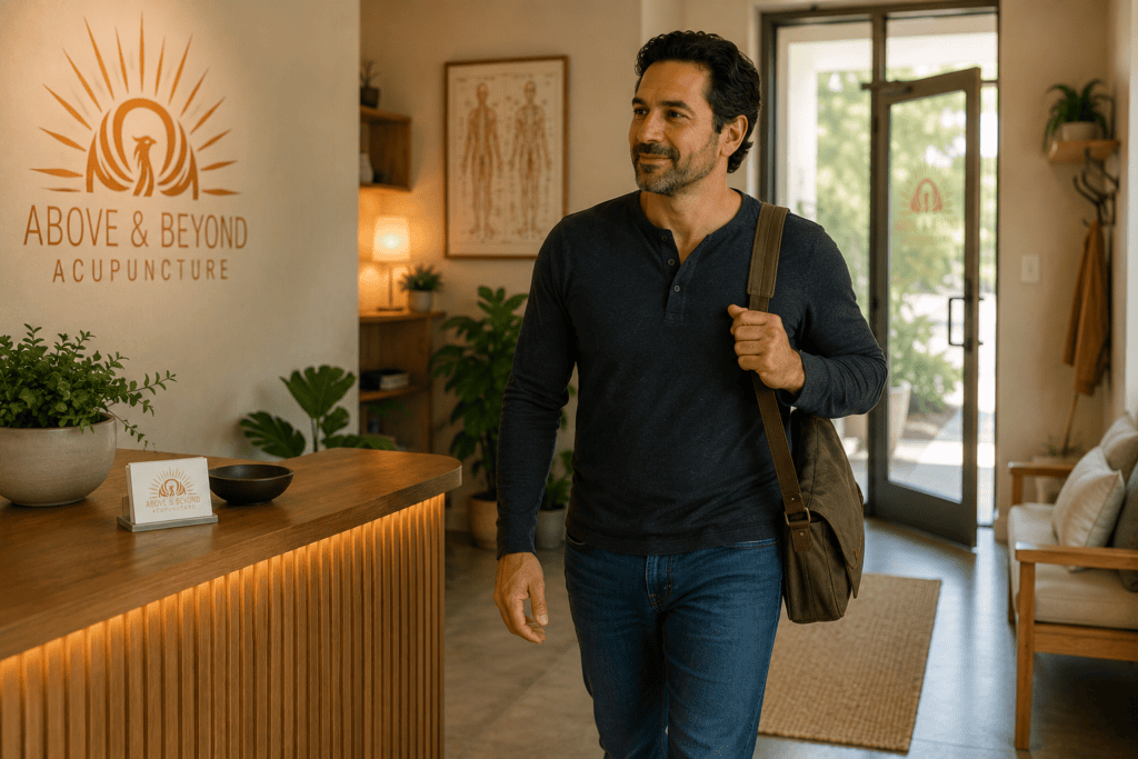 Person arriving calmly at an acupuncture clinic for a regular appointment.