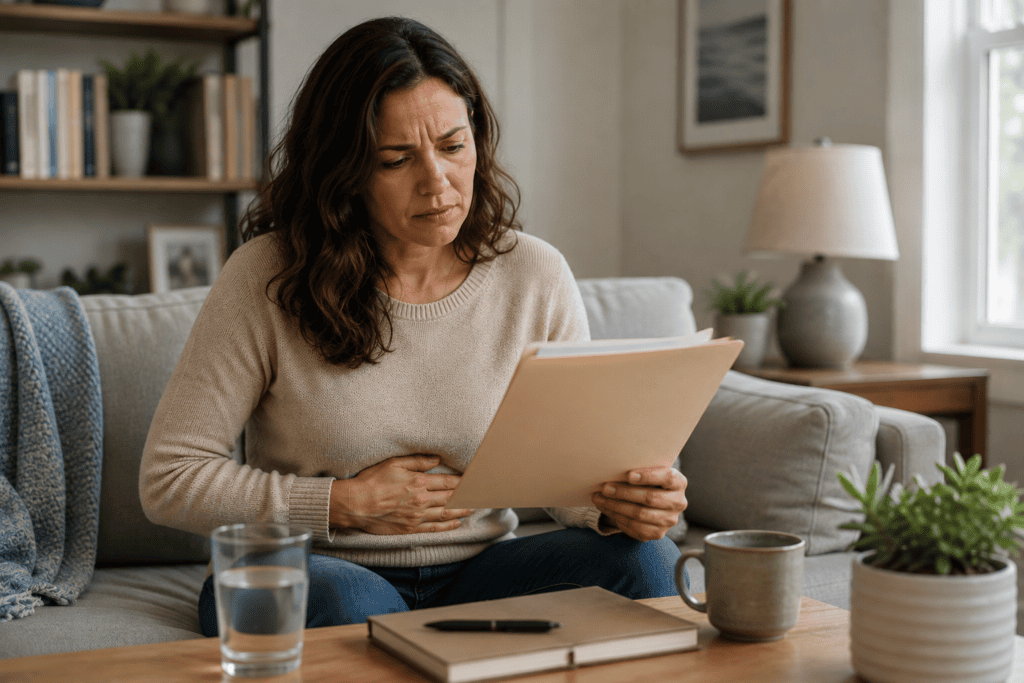 Woman sitting with medical paperwork while continuing to experience unexplained digestive discomfort.