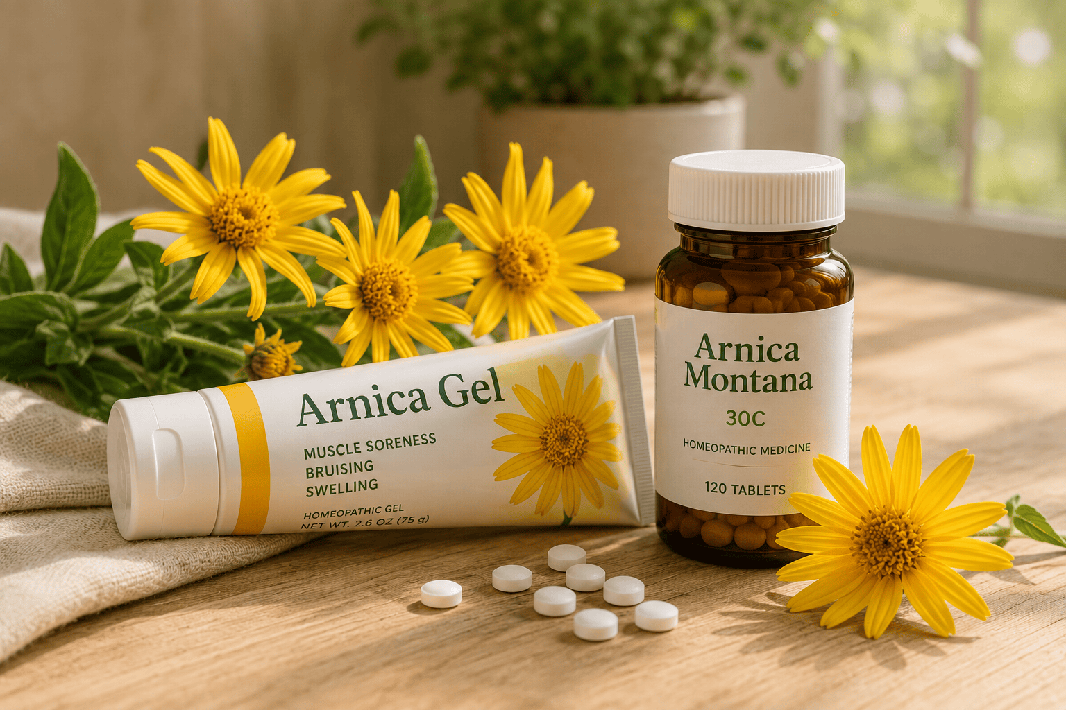Tube of arnica gel and arnica tablets beside fresh yellow arnica flowers on a light wooden surface.