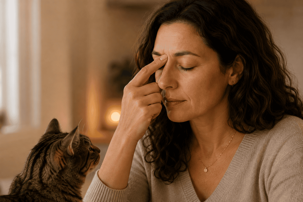 Person gently pressing an acupressure point at the inner eyebrow with eyes closed to ease eye strain.