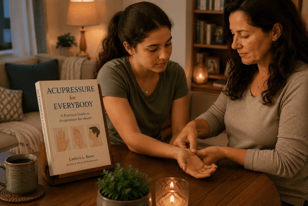 Warm household scene of one person gently applying acupressure to another's hand, reflecting accessible family self-care