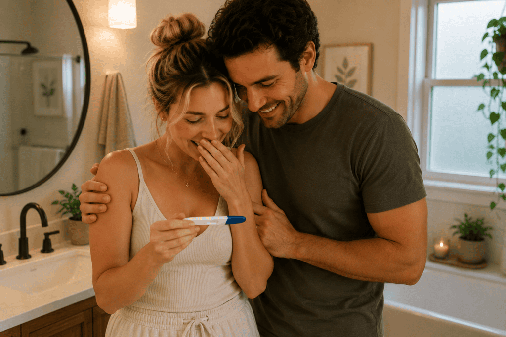 Happy couple standing together in their bathroom looking at a positive pregnancy test.