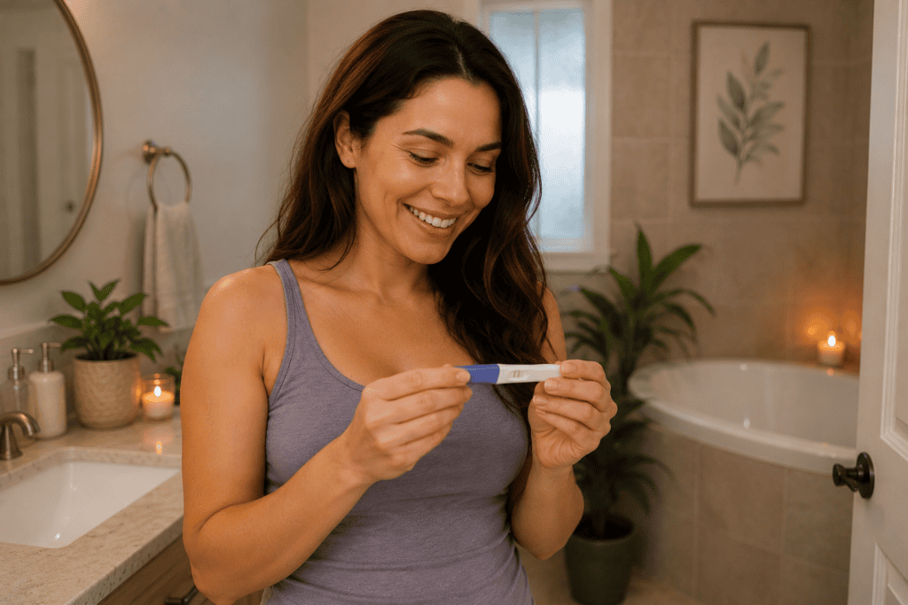 Woman smiling in her bathroom as she looks at a positive pregnancy test after trying to conceive.