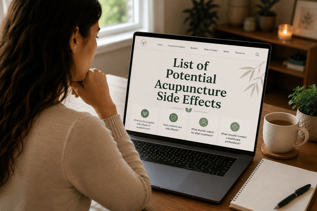 Person at home reading about acupuncture safety on a laptop before booking a first appointment.