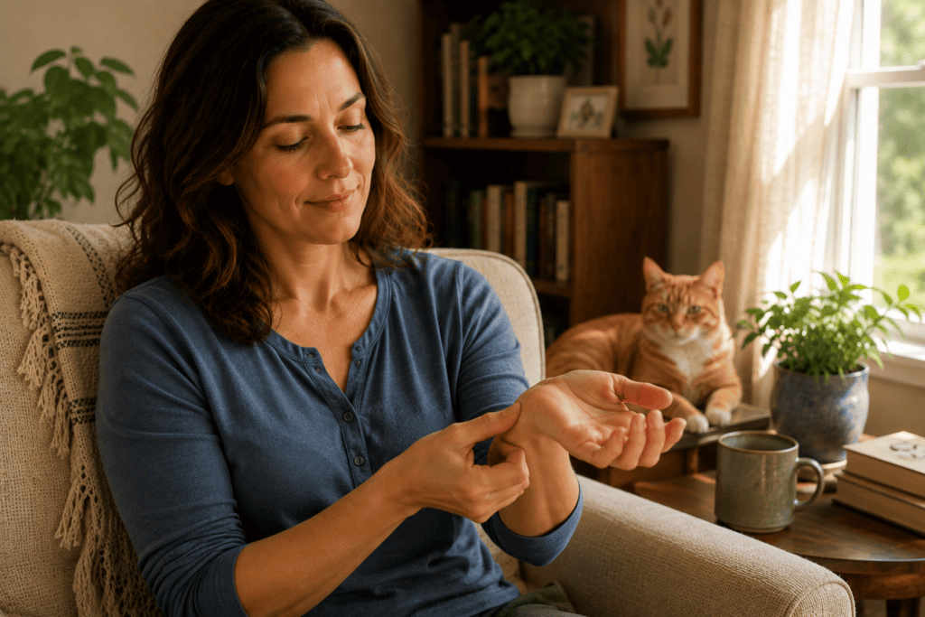 Person relaxed at home using acupressure on their wrist, calm and at ease.