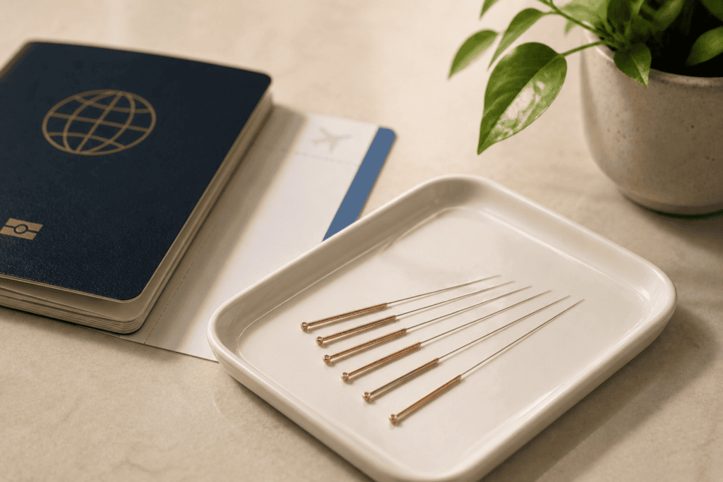 Fine acupuncture needles on a clean tray beside a passport and boarding pass.