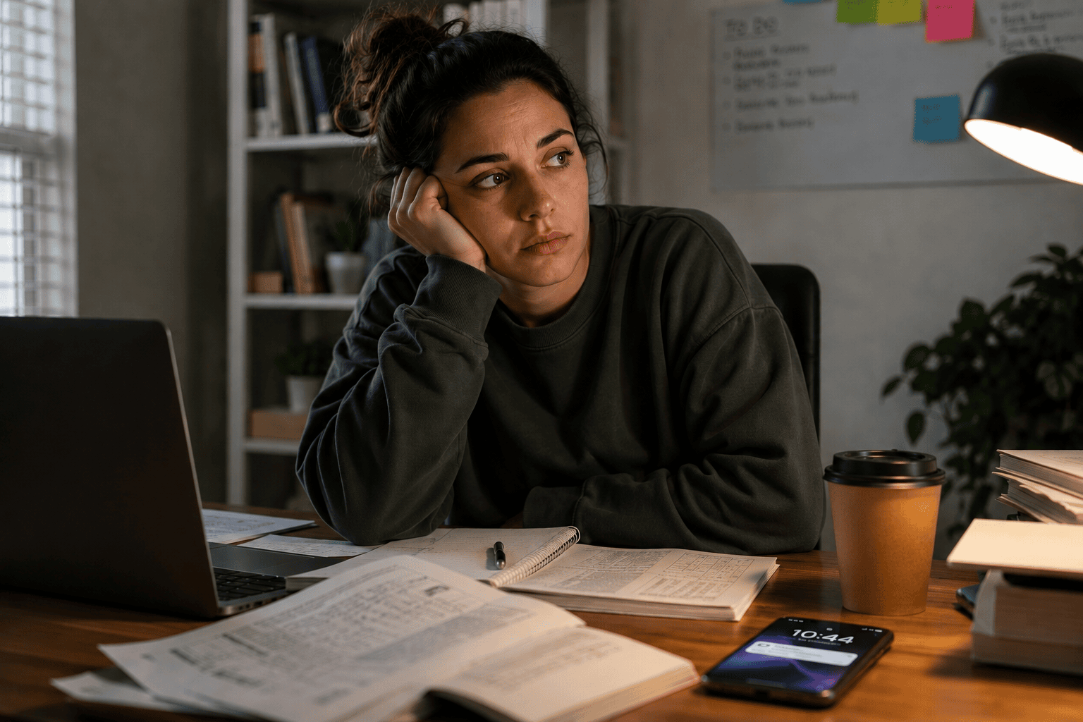 Person at a desk gazing off distracted and unfocused, unable to concentrate, phone lighting up nearby.