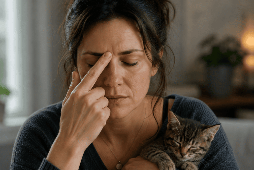 Person pressing the point between the eyebrows with eyes closed, calming a worried mind.