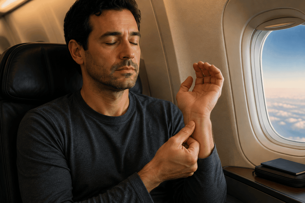 Traveler pressing an acupressure point on the inner wrist with eyes closed to ease jet lag.