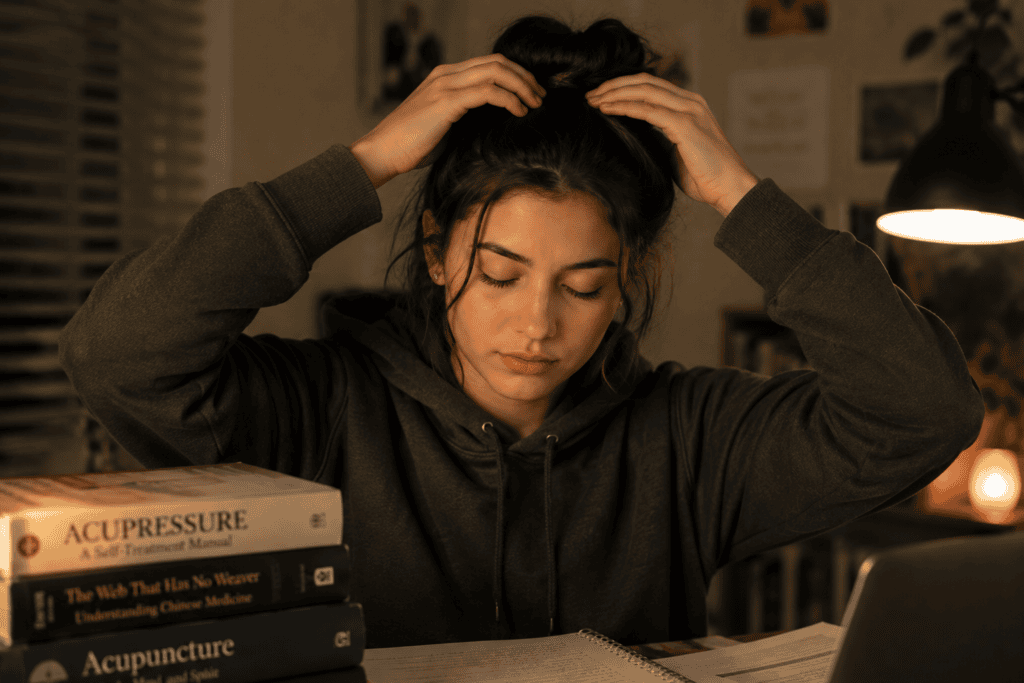 Student pressing the top of their head with fingertips during a short study break, eyes closed.