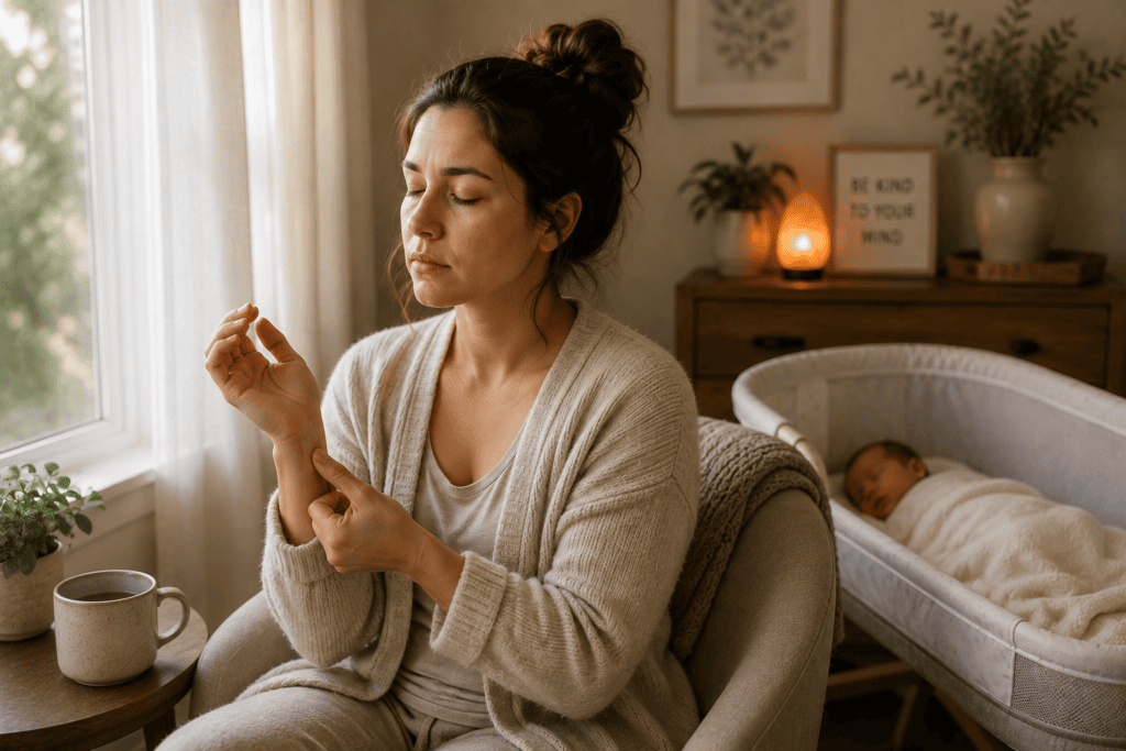 New mother by a window gently pressing an acupressure point on her wrist with her eyes closed, her baby sleeping nearby.