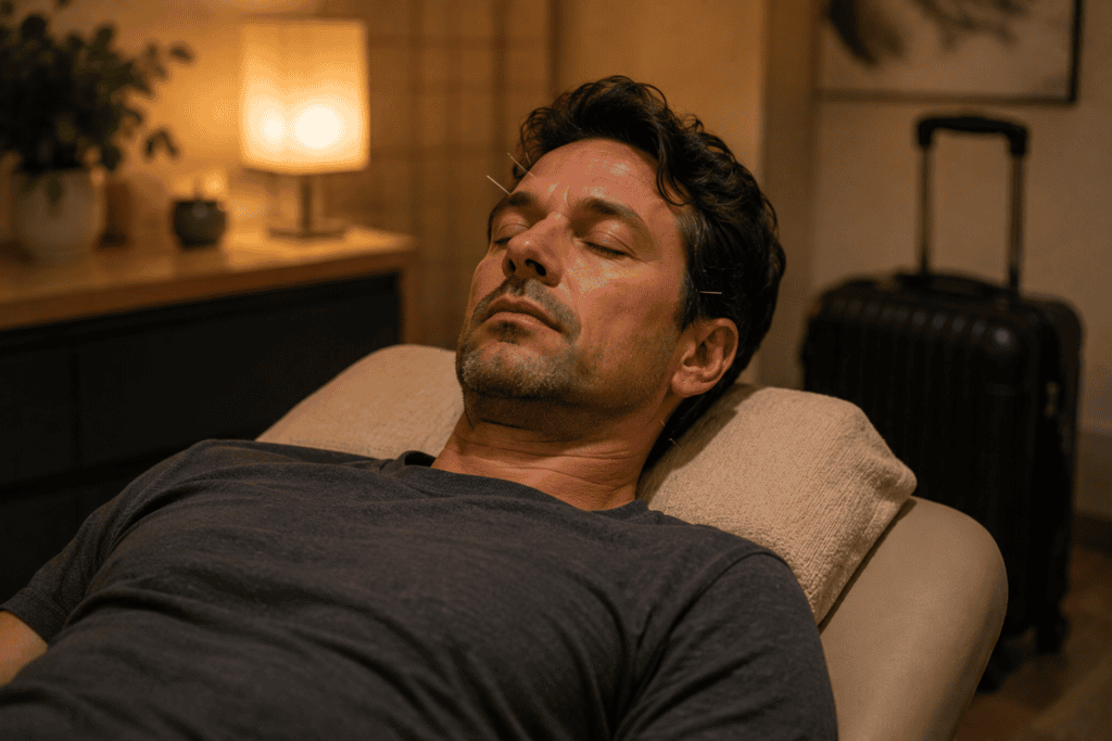 Traveler relaxed during an acupuncture treatment, eyes closed and at ease.