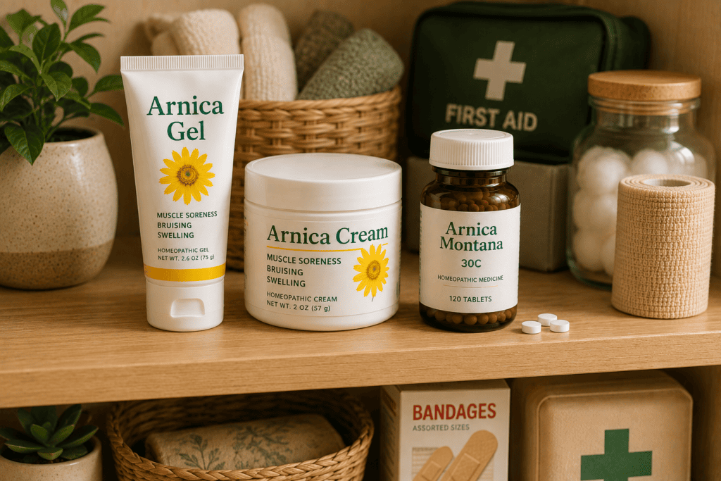Arnica gel, cream, and homeopathic tablets arranged with everyday first-aid supplies in a home medicine cabinet.