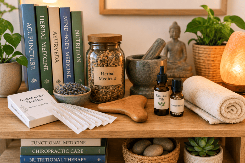 A shelf holding acupuncture needles in their packaging, dried herbs in glass jars, and a small massage tool, representing the range of modalities under the alternative medicine umbrella.