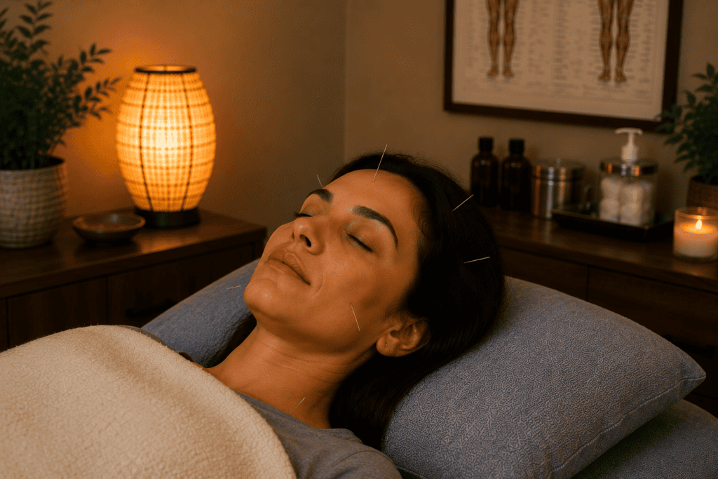 Patient resting calmly during acupuncture as the nervous system settles into recovery mode.