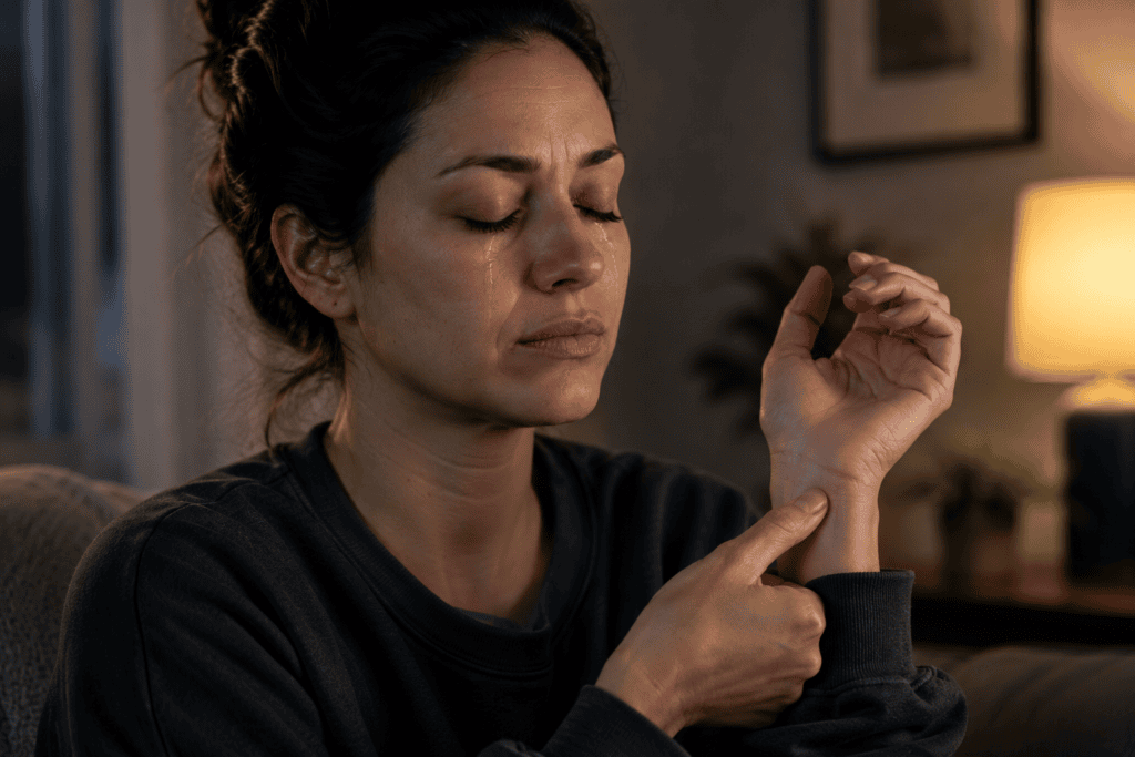 Person gently pressing the inner wrist with eyes closed, taking a slow breath to calm heartbreak.