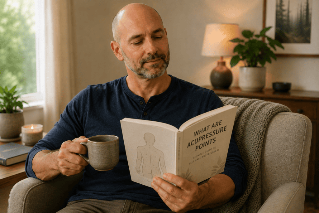 Man relaxing at home with a cup of tea while reading a book titled “What Are Acupressure Points.”