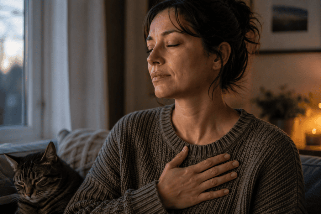 Person resting a warm hand over their chest with eyes closed, self-soothing through loneliness.