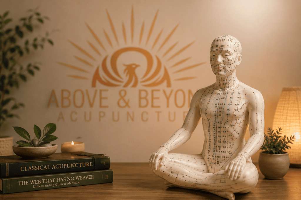 Traditional Chinese medicine meridian model displayed at Above and Beyond Acupuncture with the clinic logo in the background.