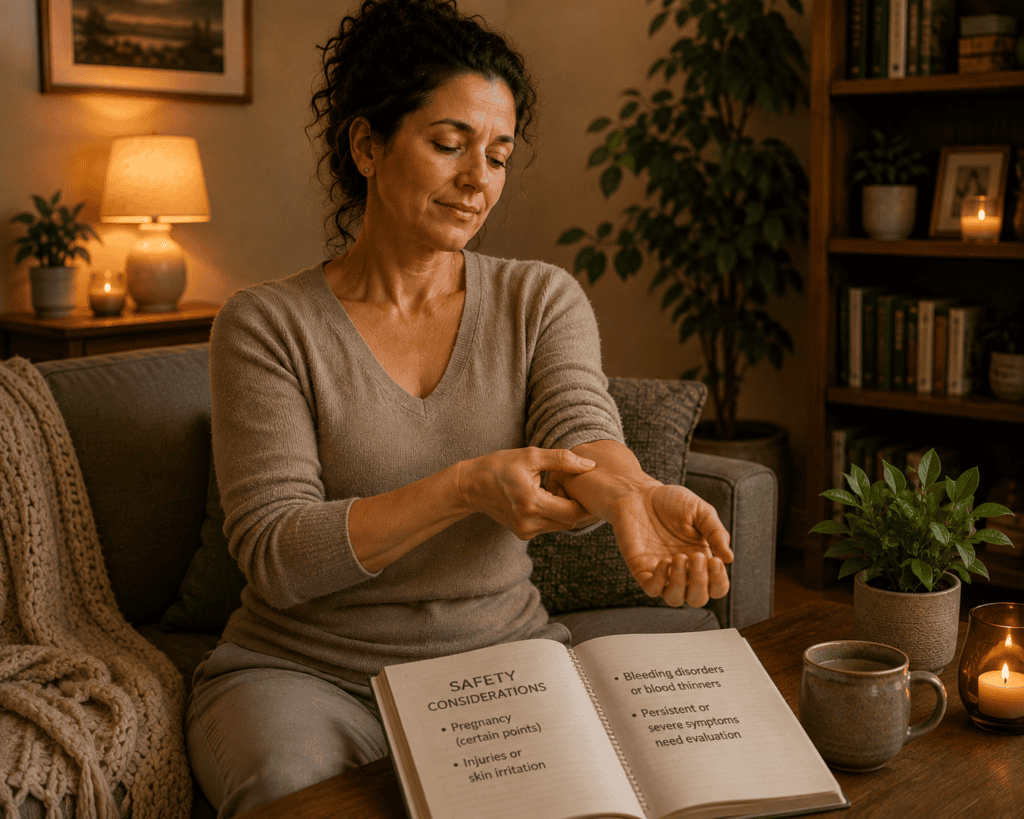 Person practicing acupressure with awareness of appropriate safety considerations and precautions.