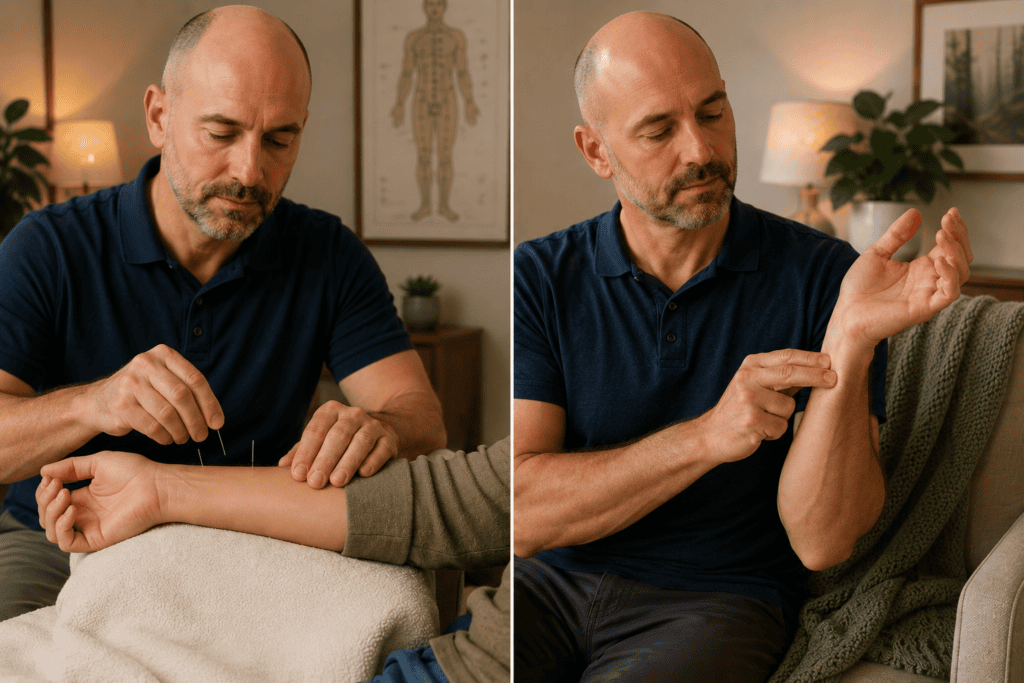 Side-by-side image showing an acupuncturist using needles on a patient and the same points being stimulated at home with finger pressure.