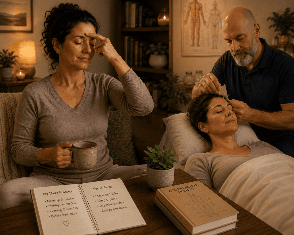 Person integrating acupressure home practice alongside professional acupuncture treatment for a coordinated approach.