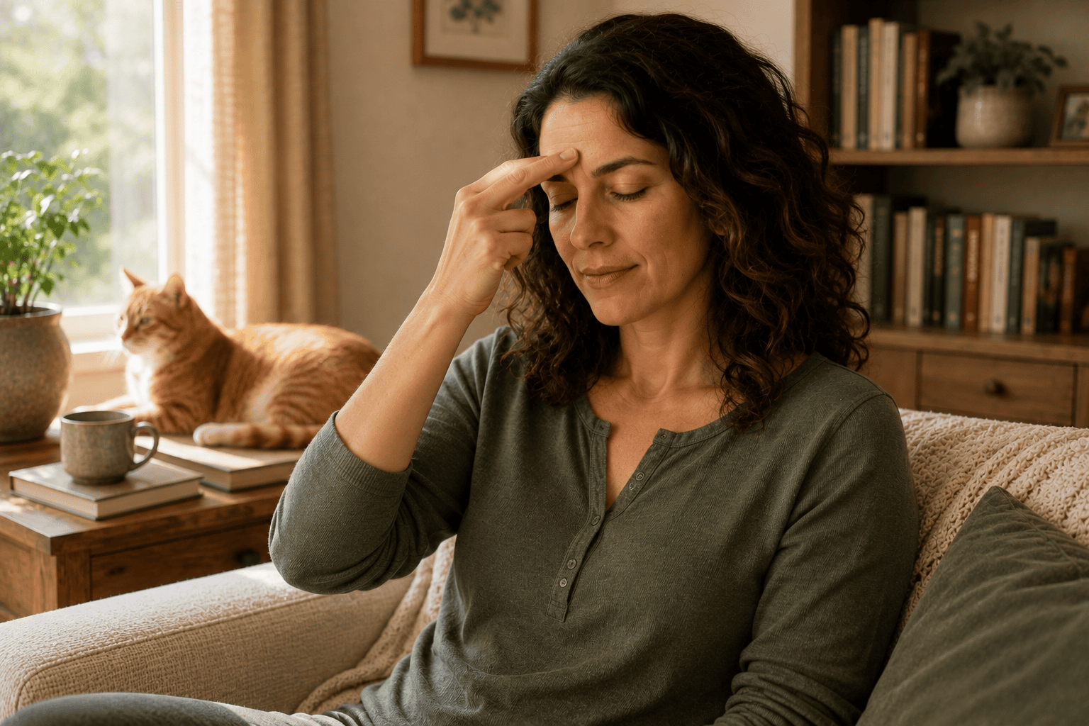 Person calmly pressing an acupressure point on their hand at home, relaxed and unhurried.