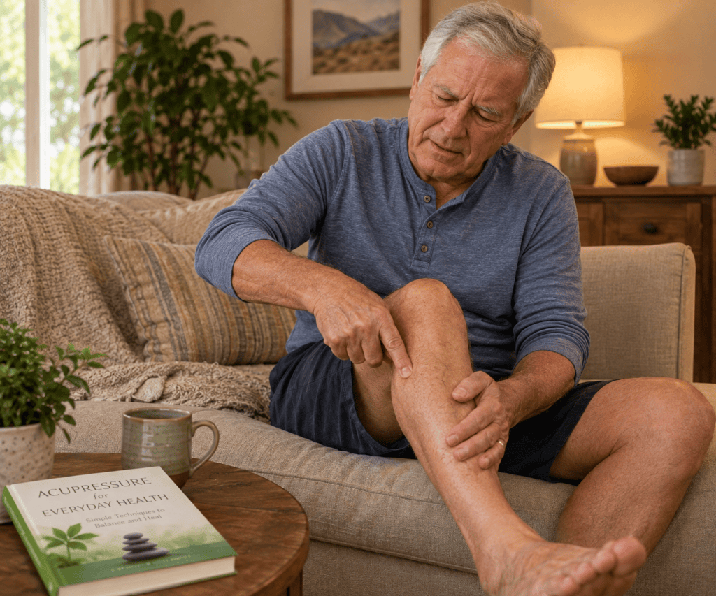 Person applying acupressure to ease chronic pain at home as a drug-free approach to pain relief.